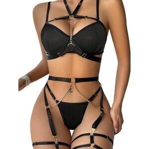 🆕Women Black Sexy Pu Leather Strappy Underwire Garter Belt Lingerie Set
